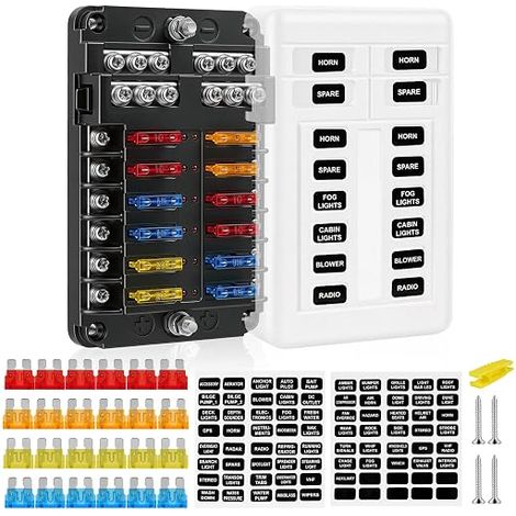 Fuse Holder 12-24V, 12 Way Car Fuse Blocks, ATC/ATO Blade Fuse Box, with Negative Bus Indicator for Car, Boat, Van, SUV(B) (1/5)