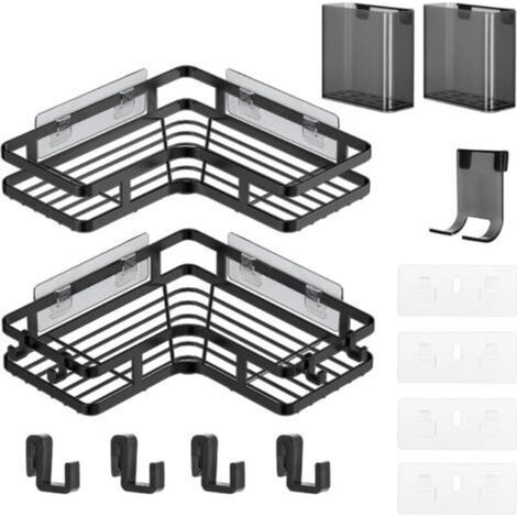 2 étagères de douche sans perçage, étagère d'angle noire pour salle de bain avec seau à dentifrice et porte-rasoir, étagère de rangement épaisse antirouille pour salle de bain, cuisine et balcon (1/5)