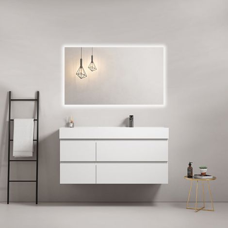 Mobile bagno sospeso 120 cm Bianco Lavabo a Destra in Resina Specchio Quadro Retroilluminato - Fiji Paint (1/4)