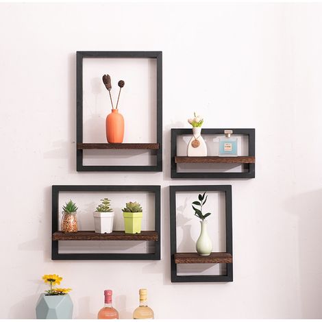 Set de 4 Étagères Murales Noires Vintage avec Crochets, Déco Salon, Bureau, Pots Fleurs, Bougies, Photos, Albums, Rangement Suspendu Polyvalent (1/5)