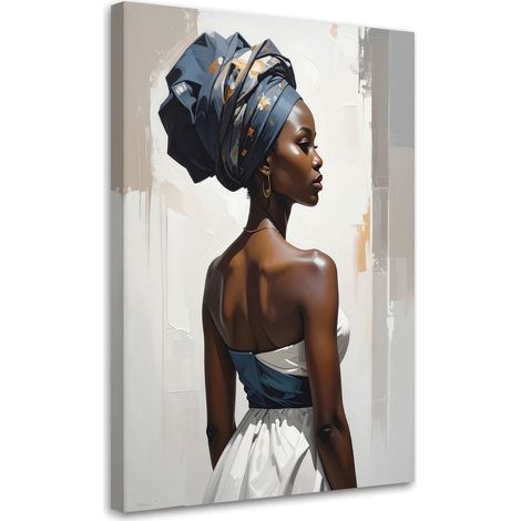 Quadro su tela, Ritratto di una donna in stile etnico decorazione elegante con turbante nei toni del beige e blu navy, 60x90 (1/5)