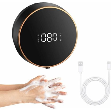 Distributeur de savon électrique mural automatique, rechargeable avec affichage de la température, convient aux enfants et aux adultes (noir)
