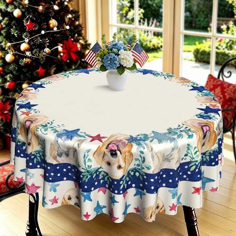 Nappe ronde à pois imprimés 2D avec un golden retriever, idéale pour les fêtes à la maison, dans le jardin ou ailleurs. (1/4)