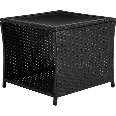 Table d'appoint en rotin avec rangement, 45 x 45 x 40 cm, cadre métal noir, plateau en verre trempé (1/5)