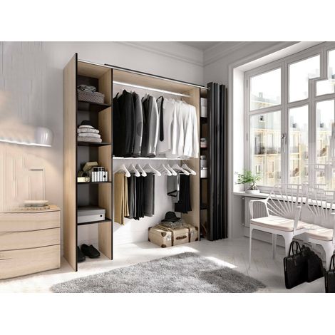 Dmora - Guardaroba Manaslu, Struttura per cabina armadio, Mobile appendiabiti aperto allungabile, 180x50h205 cm, Rovere e Grigio, con imballo rinforzato (1/5)