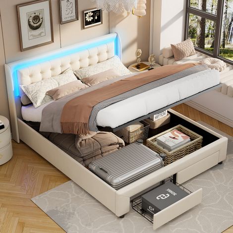 Lit 140 x 190 cm avec tiroirs et tête de lit lumineuse, velours beige, REDOM (1/5)