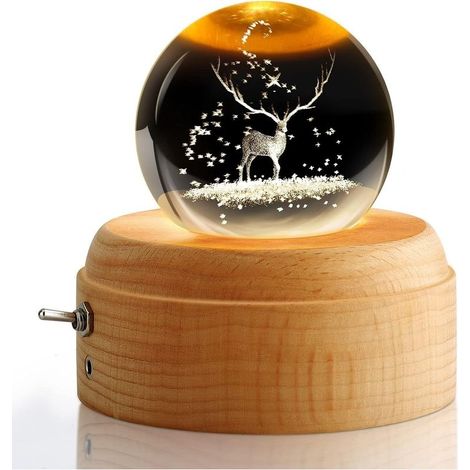 Boîte à musique rotative en bois – Boule de cristal 3D – Projection lumière chaude – Base en hêtre durable – Cadeau Noël anniversaire (1/5)