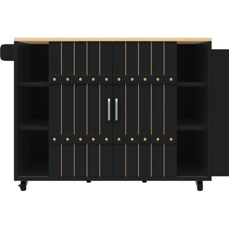 Kücheninsel schwarz aus MDF 110 x 42 x 90 cm mit Schiebetüren, Schubladen und Rollen (1/5)