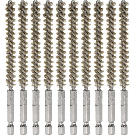 Lot de 10 brosses d'alésage en laiton de 8 mm de diamètre 11,4 cm de long avec poignée et tige hexagonale de 6,35 mm pour tubes, ports, roulements, jaune (1/5)