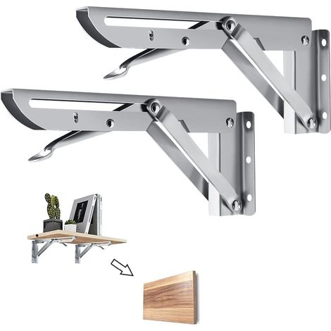 2 Pièces - Équerre Pliante - Support Console - Acier Inoxydable - Charge Max 60kg - Intérieur Extérieur - Argent - 30x17cm (1/5)