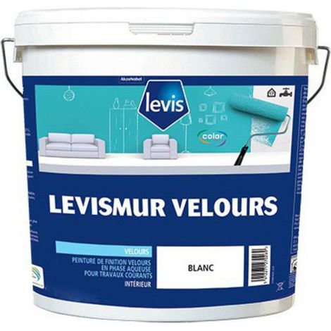 Peinture acrylique veloutée 15L – Couleur blanche – Excellente opacité et blancheur – Recouvrable en 6 heures pour murs et plafonds intérieurs – Levis