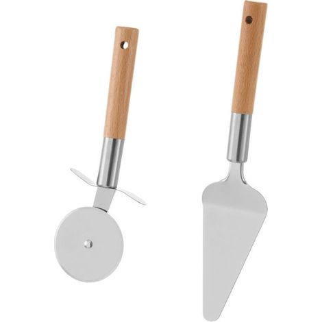 Spatule + roulette à pizza en bois hêtre et métal chromé (1/4)