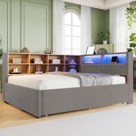 Canapé rembourré 140x200 avec lumières LED et prises, lit escamotable 90x190, nombreux rangements, canapé-lit multifonction en flanelle gris foncé (1/4)