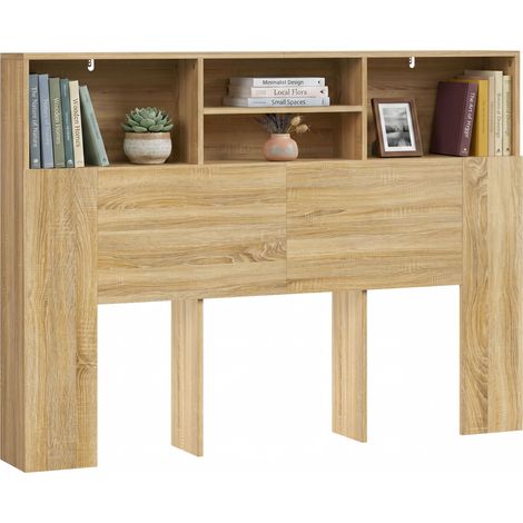 HOMCOM cabecero de cama 140 cm con almacenaje, cabezal de cama con 4 compartimentos abiertos, cabecero moderno para dormitorio, roble (1/5)