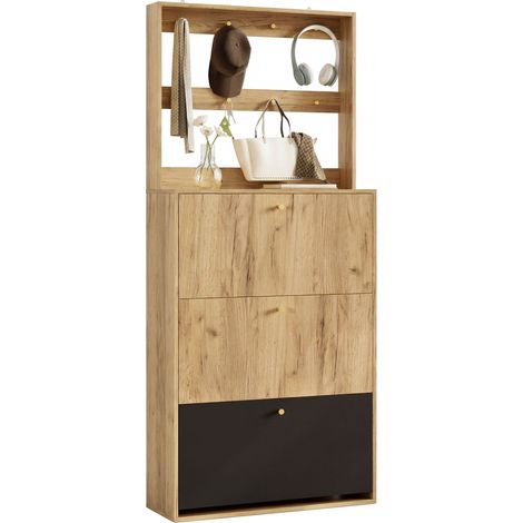 Meuble à chaussures moderne avec crochets, 3 compartiments de rangement rabattables, adapté au couloir, aspect bois naturel + noir, B75/H180/T24 cm (1/5)