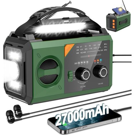27000mAh Radio d’Urgence à Manivelle avec Alimentée par énergie Solaire, Batterie et USB, Radio Météo AM/FM Portable avec Bluetooth/Prise Casque/Lampe de Lecture/Lampe de Poche/Boussole/SOS