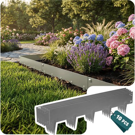 VOUNOT 10M Galvanised Steel Garden Edging, Flexible Lawn Border, Grey
