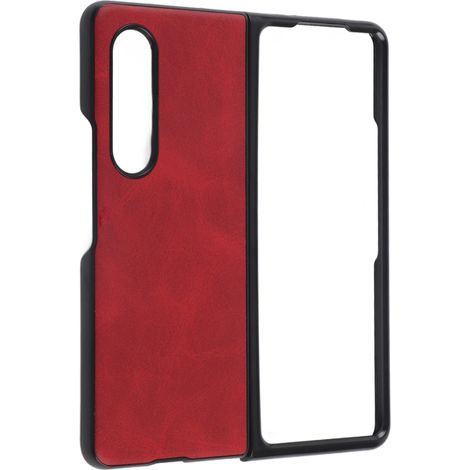 Étui de téléphone texturé en cuir de vachette bicolore, résistant aux rayures et aux chocs, adapté au Samsung Galaxy Z Fold 3 rouge. (1/5)