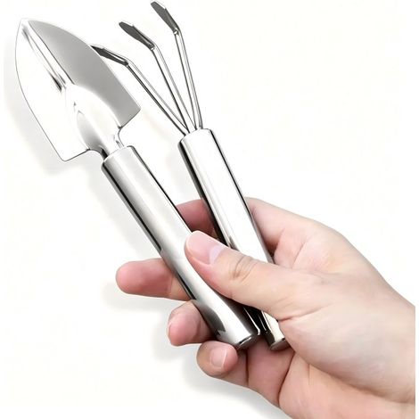 Ensemble d'outils de jardinage en acier inoxydable 2 pièces, pelle manuelle et râteau à trois dents, pour rempotage, plantation et entretien des plantes (1/5)