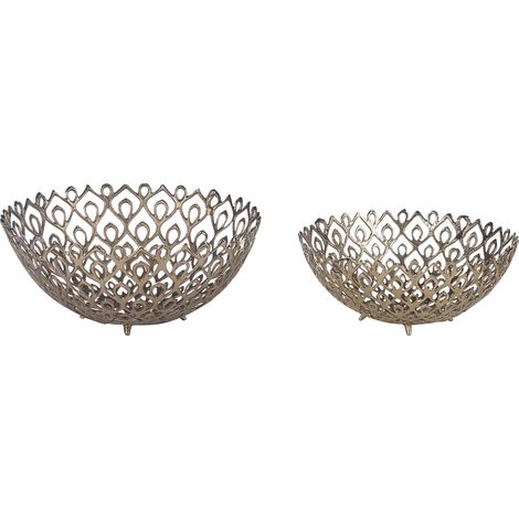 Set di 2 vassoi decorativi in metallo traforato piatto rotondo oro Baliung