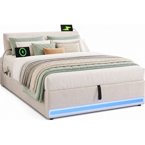 Lit rembourré 90x200 cm avec LED multicolore, ports USB et Type-C, coffre hydraulique, poches latérales, sans tête de lit, beige pour chambre pratique  CHICFURN (1/5)