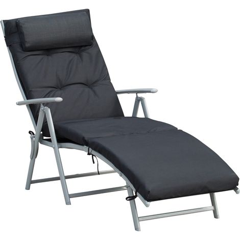 Strandliege faltbar, 7 Stufen verstellbar, wetterbeständig, mit Kissen, Texteline, Polyester, Metall, 137 x 63,5 x 100,5 cm, SchwarzAoso