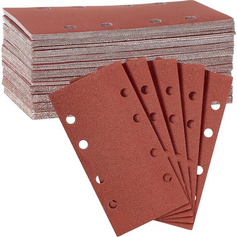 40 feuilles de papier de verre - Grain 60/80/120/240 - Format rectangulaire 185 x 93 mm - Kit de papier de verre - Feuilles abrasives - 8 trous - Pour bois, métal et bricolage - Rouge (1/5)