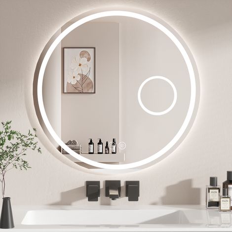 AquaWise Miroir LED Salle de Bain Ø80cm avec Miroir Grossissant Lumière Frontale Anti-buée Verre Argenté Sécurité