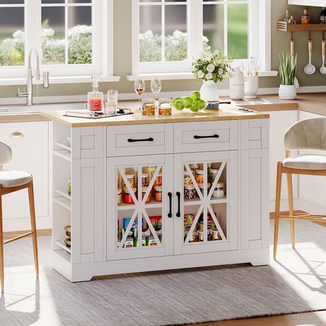Carrito de cocina 120×40/65×92cm, 2 puertas y 2 cajones, con estantes de almacenaje, puerto USB y enchufes, MDF, blanco