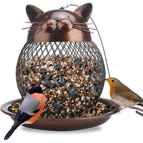 Mangeoire pour oiseaux sauvages d'extérieur - Mangeoire suspendue anti-écureuils avec cadre en métal robuste - Décoration de jardin - Mangeoire en forme de chat mignon (1/5)