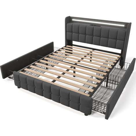 Lit double capitonné 160x200 cm, avec 4 tiroirs, éclairage LED, ports et prises USB, sommier à lattes, linge, lit queen size - Gris