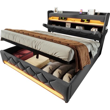 CHICFURN Cama doble tapizada 140x190 cm con arcón hidráulico, cabecero con USB y Type C, LED 360, tela gris, sin colchón (1/5)
