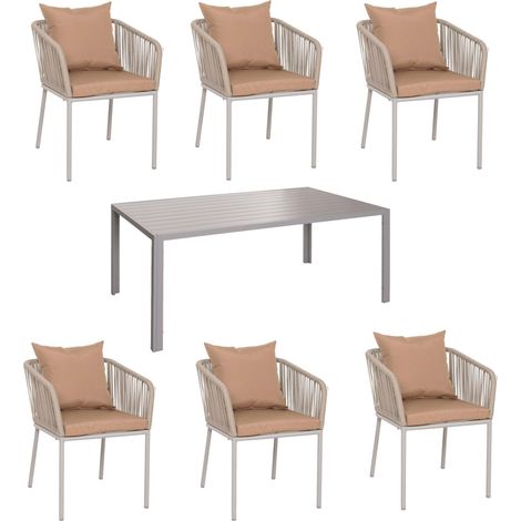 Gartengarnitur HHG-616, Tisch+6xStuhl, wetterfest Alu 180x80cm, Seilgeflecht Rope grau Kissen taupe