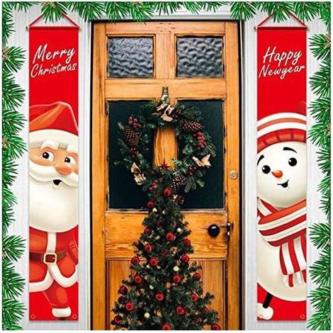 Noël approche à grands pas  Panneau de porche « Joyeux Noël » 180 cm x 30 cm, bannière avec le Père Noël et un bonhomme de neige. (1/5)