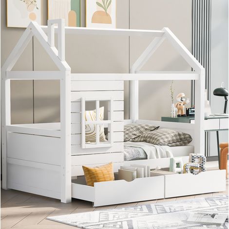 Kinderbett Hausbett 80x160 cm aus massivem Kiefernholz Weiß mit Fenstern, Rausfallschutz, Lattenrost und 2 Schubladen (1/5)