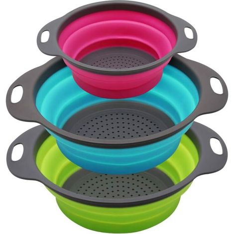 Juego de 3 coladores redondos plegables de silicona: 2 de 4 litros y 1 de 2 litros. Perfectos para escurrir pasta, verduras y frutas (verdes, azules y morados). (1/4)