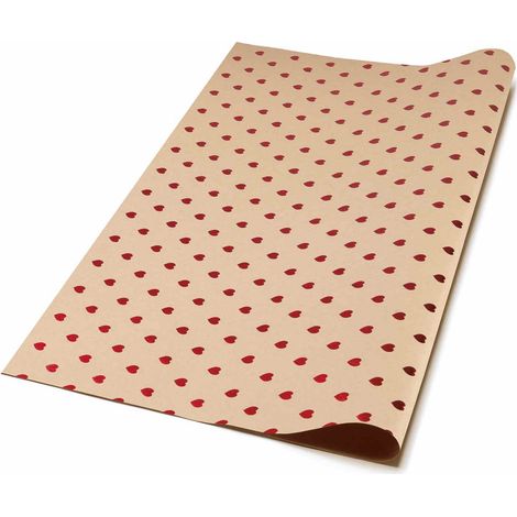 Carta da regalo adatta anche per alimenti con cuori metallizzati rossi in kraft, perfetta per impacchettare i regali di Natale, cm 70 x 100 H