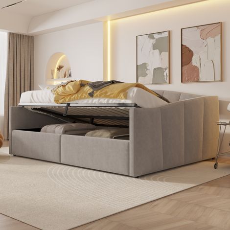 Canapé-lit rembourré velours gris clair 140×200cm,hydraulique,base/accoudoirs lattes,rayures classiques,lit double polyvalent (1/5)