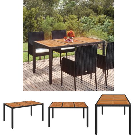 The Living Store -  Gartentisch mit Holzplatte Schwarz 150x90x75 cm Poly Rattan (1/5)