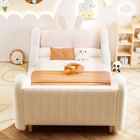 Lit enfant simple - Coussins lapin - 90x200 cm - côtés forme nuage - Tissu teddy, Teddy - Blanc (1/5)