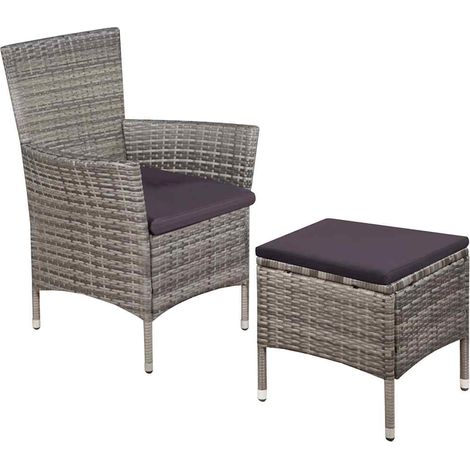 Chaise et tabouret de jardin - Chaise d'extérieur pour terrasse/jardin avec tabouret et coussins Résine tressée Gris BV988241 - BonneVie (1/5)