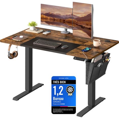 Bureau Électrique Réglable en Hauteur, 120 x 60 cm, Table Assis-debout, Fonction Mémoire 4 Hauteurs, pour Bureau, Télétravail, Marron Rustique et Noir d'Encre (1/5)