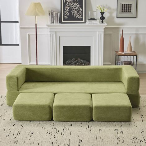 Ebern Designs Wandelbares Sofagarnitur mit 3 Fußstützen – Bett aus hochelastischem Schaumstoff, platzsparendes Chenille-Bodensofa für Studio-Apartments und Heimbüros. Grün