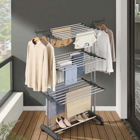 Étendoir à Linge à 4 Niveaux, Séchoir Pliable à Roulettes, 63,5 x 128 x 173 cm, Gris (1/5)