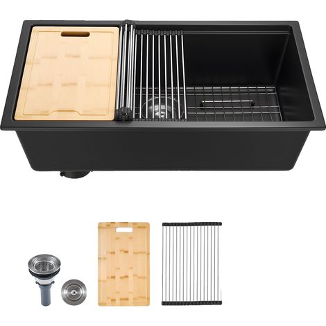 Fregadero de cocina de 76 cm, de granito para instalación bajo encimera, un solo seno, accesorios, 838 x 482 x 254 mm, negro. (1/2)