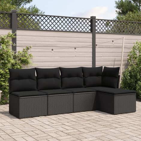 5-tlg. Garten-Sofagarnitur mit Kissen Schwarz Poly Rattan (1/3)
