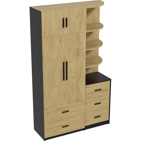Noir et clair – Armoire de rangement 2 portes avec vitrine – penderie intégrée et 5 tiroirs – pour chambre (1/5)