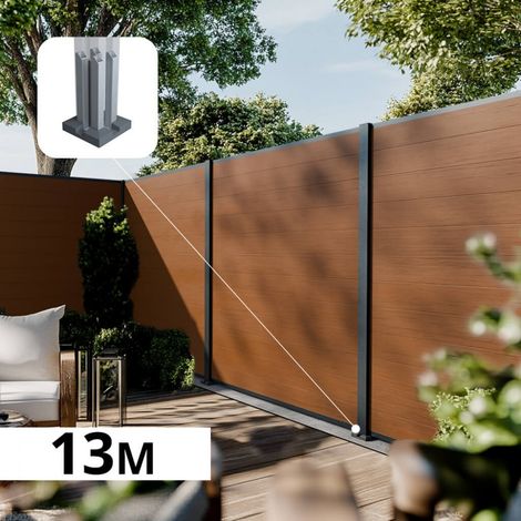 Kit Clôture Composite CRUZ Teck 13x1,8m - Bois composite & Aluminium - Poteaux sur Platines Gris - Brise vue - Palissade