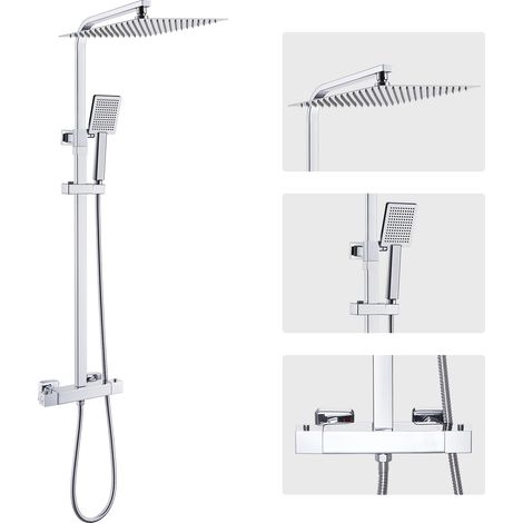 Système de douche chromé ensemble complet avec thermostat, ensemble de douche à effet pluie avec pomme de douche à effet pluie de 12 pouces, douchette à main et barre de douche réglable (1/5)