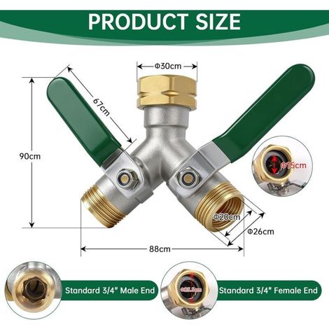 Distributeur d'eau à 2 voies en Y 3/4 pouce Séparateur de tuyau d'arrosage avec poignée verte métallique Distributeur laiton avec 3 joints et 1 bande d'étanchéité pour jardin, robinets cuisine (1/5)